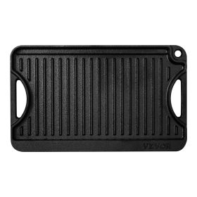VEVOR Reversible Grill/Griddle, 14x8.5 inch Pre-Seasoned Cast Iron Griddle, Portable Rectangular Pan with Handle