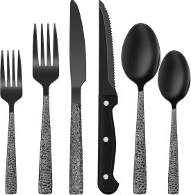 24-Piece Black Silverware Set with Steak Knives, Black Flatware Set for 4, Food-Grade Stainless Steel Tableware Cutlery Set