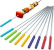 Grill Skewers with Silicone Handle, 16" Long Kebab Skewers, 10 Pack Reusable Stainless Steel Flat Skewer Sticks for Party Grilling BBQ Barbecue