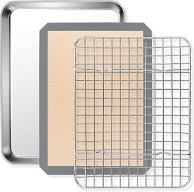 to9 x 7 x 1 Inch Toaster Oven Pan with Grid Rack and Silicone Mat, Stainless Steel Toaster Oven Tray Baking Pan with Cooling Roasting Rack