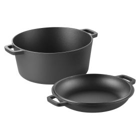 VEVOR Cast Iron Dutch Oven, 2-in-1 Pre-Seasoned Pot with Skillet Lid, 5QT Cookware Pan with Proofing Basket, Bread Baking Accessories