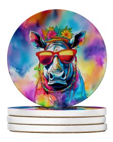 Hippie Animal Rhinoceros Large Sandstone Coasters Pack of 4 Absorbent Round Coasters Decor Gifts for Men or Women, 4 in, Multicolor