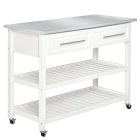 Kitchen Island with Stainless Steel Top, Traditional Kitchen Island with Storage, Butcher Block Cart 2-Tier Open Shelves, Drawers, White