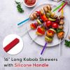 Grill Skewers with Silicone Handle, 16" Long Kebab Skewers, 10 Pack Reusable Stainless Steel Flat Skewer Sticks for Party Grilling BBQ Barbecue